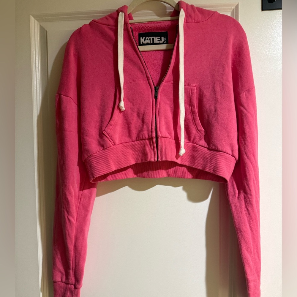 Katie J NYC Cropped Pink Zip-Up Hoodie with Cream Drawstrings